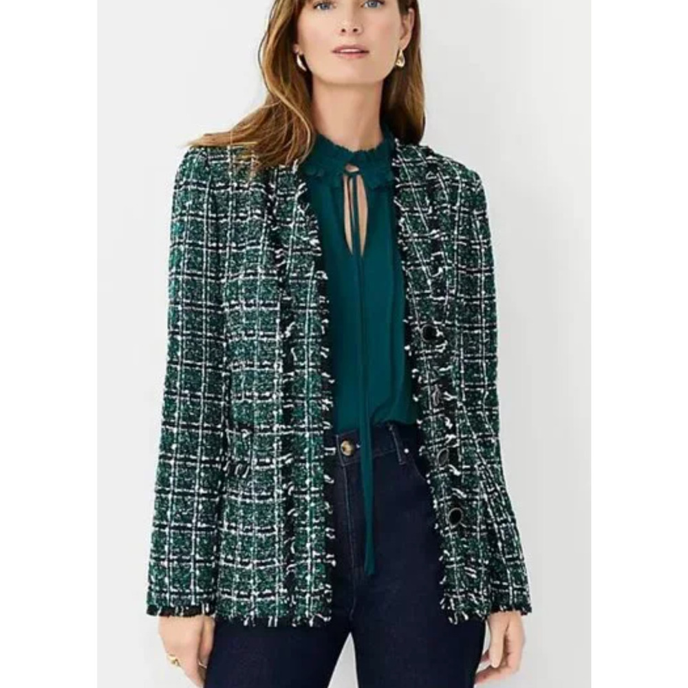 NEW ANN TAYLOR GREEN MULTI SHIMMER PLAID TWEED V-NECK CARDIGAN JACKET SZ 4